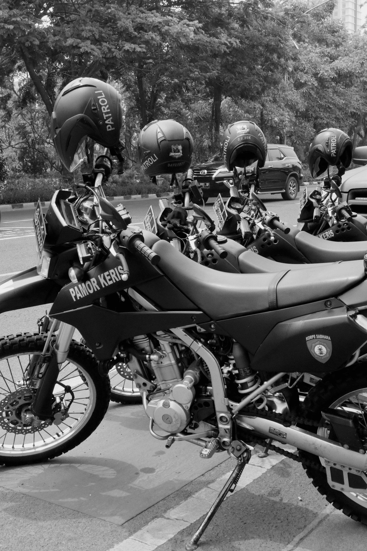 A row of parked motorcycles